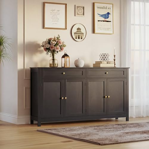 Warmiehomy Sideboards 4 Doors 2 Drawers Sideboard Cabinet 140x40x89cm,Black | Large Sideboard Modern Sideboards Black Sideboard Adjustable Shelves Furniture Sideboards for Living Room,Kitchen Sideboard