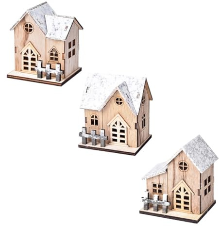 GALPADA 3 Stück Beleuchtete Weihnachtshäuser in Beige Stabile Deko für Wohnzimmer und Arbeitszimmer Leuchtender Weihnachtsschmuck im Holzhausstil