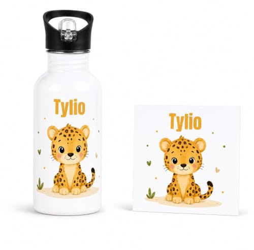 Générique Gourde Enfant Personnalisée avec Prénom – 500 mL – Aluminium, Acier Inoxydable ou Isotherme – Gourde École, Crèche, Sport, Centre de Loisirs – Motif au Choix, Léopard