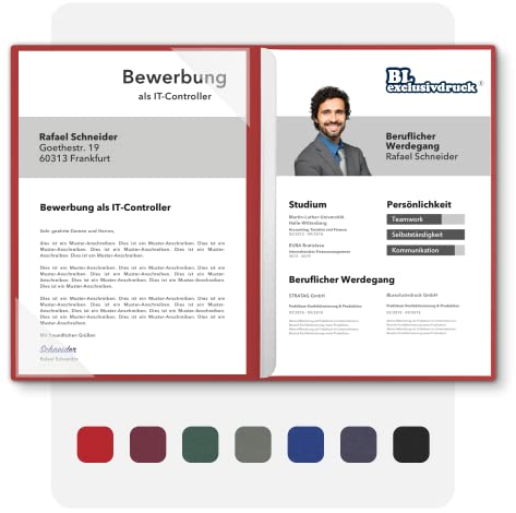 5 Stück zweiteilige Bewerbungsmappen BL-exclusivdruck® BL-plus in Rubinrot - Premium-Qualität mit edler Relief-Prägung 'Bewerbung' - Produkt-Design von 'Mario Lemani'