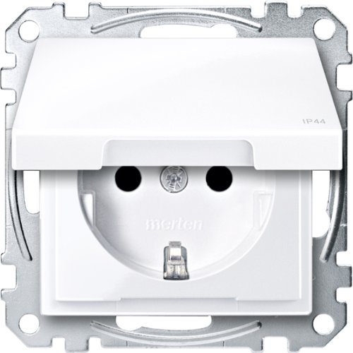 Schneider Electric Merten Schuko-Steckdose mit Klappdeckel, 2-polig+E, Berührungsschutz, Schraub- Liftklemmen, M-Smart, IP44, aktivweiss glänzend, Artikelnummer MEG2414-0325