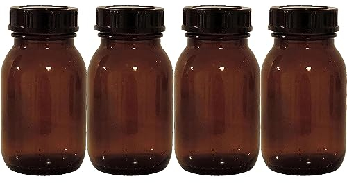 Mikken – Set di bicchieri da farmacia, colore marrone, con tappo a vite e etichette, prodotto in Germania, 4 x 125 ml