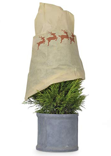 AFP Winterschutz Vlieshaube Rentiere, beige/braun, 90 x 110cm, 50g/qm Gartenvlies atmungsaktiv - Pflanzenschutz Winter/Frostschutz Pflanzen/Gartendeko/Kordel / 2 Jutesäckchen gratis