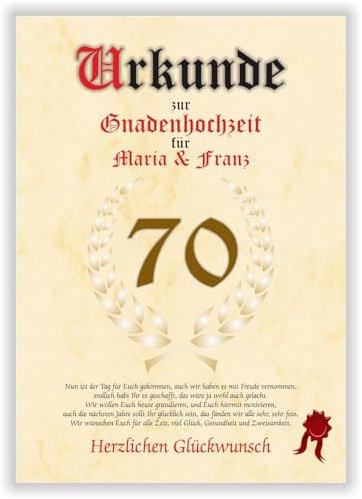 Urkunde zum 70. Hochzeitstag - Gnadenhochzeit - Geschenkurkunde Gnaden Hochzeit personalisiertes Geschenk Karte zum Ehrentag Mann & Frau XXL DIN A4