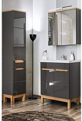Lomadox Badezimmer Möbel-Set in Hochglanz grau mit Eiche, 60cm Keramik-Waschtisch, LED-Spiegelschrank & Hochschrank