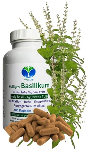 TULSIBASILIKUM 180 Kapseln Heiliges TULSI-BASILIKUM Holy-BASIL Ayurveda indisches Königskraut - Meditation Ruhe Entspannung - Ausgeglichen im Alltag. NATUR pur. OHNE ZUSATZSTOFFE. 26700-180
