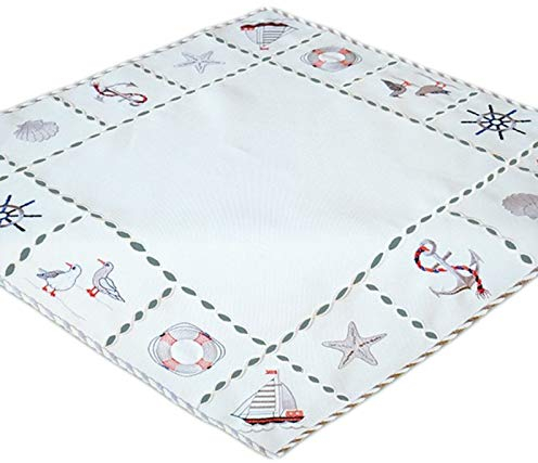 Raebel OHG Tischdecke Tischläufer Mitteldecke Maritime Stickerei, wollweiß mit bunter Stickerei 60 x 60 cm/Aufmachung 1 Stück