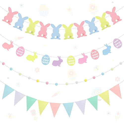 BOAO 4 Sets Ostern Hsen Banner, Kaninchen und Ostereier Ammer Banner | 10 Nicht Gewebt Wimpel Flaggen, Ostern Filz Ball Girlanden, Ostern Pom Pom Girlande Hängede Dekoration, Für Indoor Outdoor