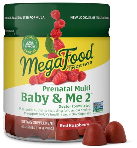 MegaFood Baby & Me 2 Prenatal Vitamins for Women Gummies with Folic Acid and Choline for Baby’s Brain Development; Plus Real Fruit- Red Raspberry Flavor - 60 Gummies (30 Servings)