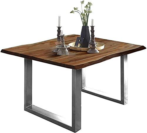 SAM Baumkantentisch 90x90 cm Mephisto, Akazienholz massiv + nussbaumfarben lackiert, Esstisch mit Edelstahl U-Gestell, Esszimmertisch/Holztisch, Tischplatte 26 mm