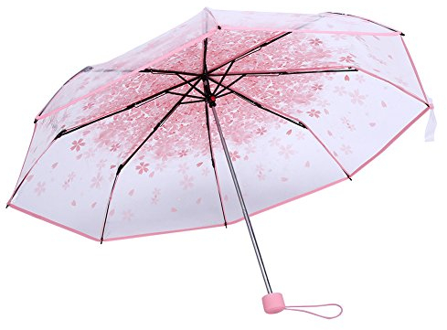 Paraguas Plegable,Paraguas Transparente de 4 colores con Flor de Cerezo,Resistente al Viento para la Lluvia y el sol para Viajes,Diario, Escuela,Compacto y a Prueba de Viento para Adultos,Niños(rosa)