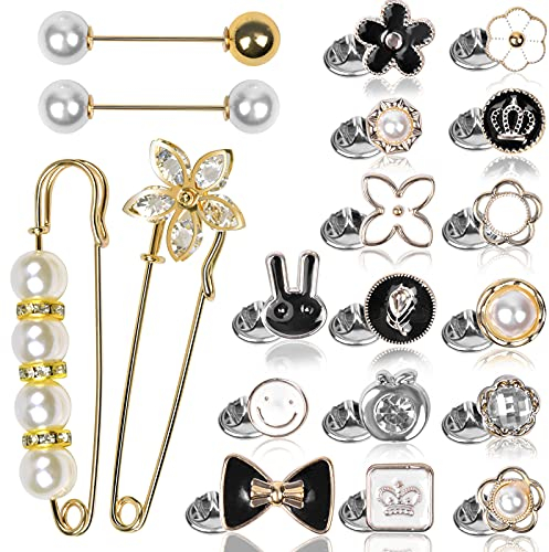Jinlaili 19 Stück Damen Shirt Brosche Knöpfe, Faux Perlen Brosche, Kristall Shawl Clips, Sicherheit Tasten Knöpfe, Anti-Licht Kleine Brosche, Sicherheits-Brosche, Kleidung Clip für Damen Mädchen