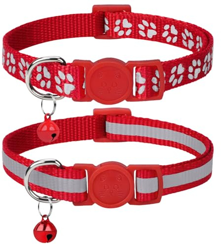 Taglory Reflektierend Katzenhalsband mit Sicherheitsverschluss und Glöckchen, 2-Stück Verstellbar Halsband Katze Kitten, 15-20cm Rot