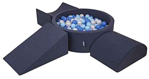 KiddyMoon Spielplatz Aus Schaumstoff Mit Rund Bällebad (300 Bälle) Ballgruben Für Babys Spielbad Hindernisläufen, Hergestellt In Der EU, Dunkelblau:Babyblue/Blau/Perle