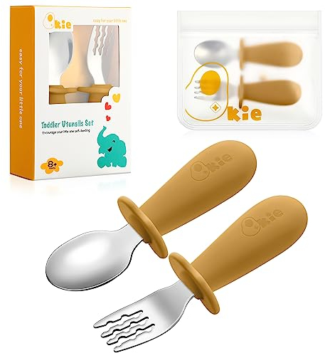 Qkie Couverts pour Enfants - Avec sac de Rangement - Fourchette et Cuillère pour Bébé en Acier Inoxydable - Poignées en Silicone pour Bébé Toutpetit Autoalimentation, Sans BPA, 8 Mois+ (Mustard)