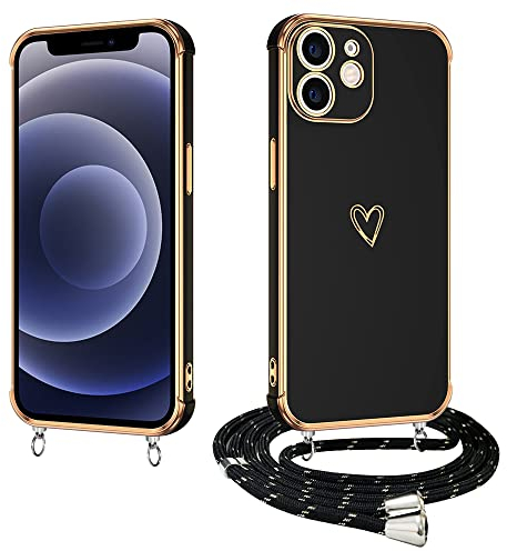 E-Lush Handyhülle für iPhone 12 Hülle mit Band, Herz Love Muster Galvanik Silikon Handy Hülle für iPhone 12 6.1 Zoll Schutzhülle mit Kordel zum Umhängen Kameraschutz Stoßfeste Case, Schwarz