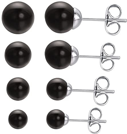 Vissen 4 Paires 4/5/6/8mm Noir Perle Clou D'oreilles Femme Acier Innoxydable Lot Boucles oreilles Puces Filles Piercing Cartilage Bijoux