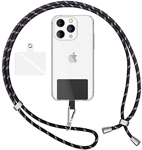 NALIA Bunte Universal-Kette mit Pad, Band für Handy-Hülle zum Umhängen, Karabinerhaken Anhänger Metall, Schlüsselband Umhängeband 160 cm, Crossbody Lanyard mit Schlaufe, Farbe:Schwarz Silber