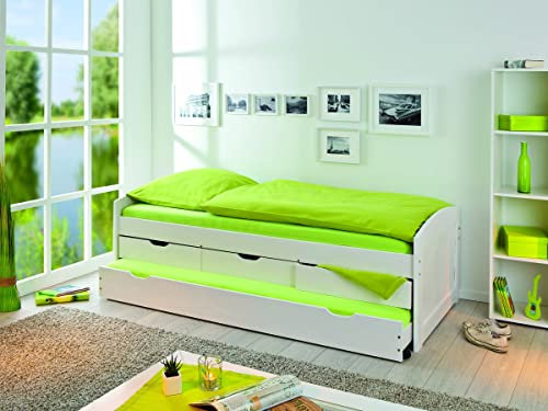 möbelando Funktionsbett Ulli I aus Massivholz in Weiss mit 3 Schubladen. Abmessungen (BxHxT) 205x63x98 cm