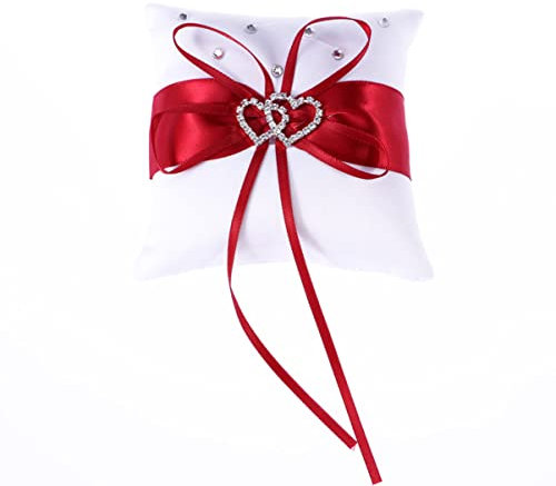 Homoyoyo Doppeltes Herz Ringkissen 10x10 cm aus Stoff mit Satinband Leicht und Tragbar für Hochzeitszeremonie als Braut Ringträgerkissen in Rot