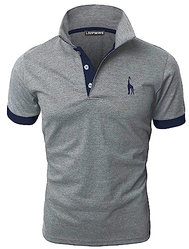 LIUPMWE Mens Polo Shirts Short Sleeve Giraffe Embroidery Golf T-Shirt S-3XL,L,Blue+Grey