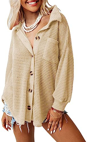 Dokotoo Bluse Damen Langarm Lässig Oberteile Hemd Langarmshirt Waffel Knopfleiste Oberteil Blusen Einfarbig Shirts Stehkragen Elegant Hemdjacke Locker Hemdbluse Aprikose M