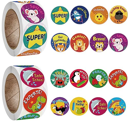 Motivierende Belohnungsaufkleber für Kinder, 2 Rollen, rund, Cartoon-Tiere, Lob Aufkleber, Lehrerbedarf für Klassenzimmer, Anreizaufkleber, Töpfchentraining-Aufkleber, Schulaufkleber, 1000 Stück