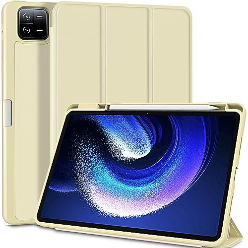 DONGZHU Hülle für Xiaomi Pad 6 / Xiaomi Pad 6 Pro (11 Zoll, Modell 2023) mit Stifthalter, TPU Anti-Schock Shell und Faltbarem Folio-Cover (Beige)