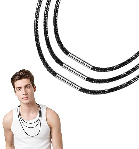 Xinjieda 3 Pcs Necklace Cord Faux Leather Necklace Cord with Clasp 316L Stainless Steel Buckle Wax Rope 2.5mm Black Necklace Braided Rope Chain Waxed Cord for Jewellery Making Gifts for Men and Women