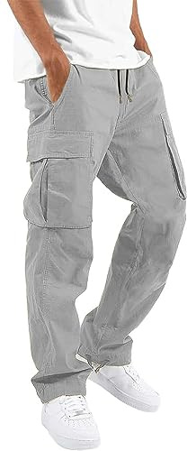 HUNGSON Pantalon cargo décontracté pour homme - Pantalon de randonnée - Pantalon de jogging - Pantalon de sport en coton - Coupe ample et droite - Pour homme, gris, 54