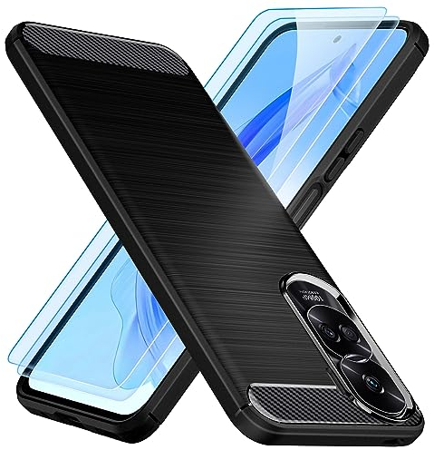 TesRank Coque pour Honor 90 Lite 5G Coque + Lot de 2 Verre Trempé, [Fibre de Carbone] Housse Souple Flexible en Premium TPU étui pour Honor 90 Lite, Anti-Rayures/Antichocs-Noir