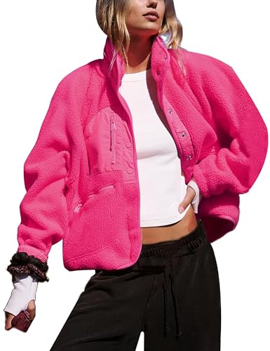 APAFES Cropped-Fleece-Jacke für Damen, Sherpa-Fleece-Jacke, Winter, warm, Knopfleiste, flauschig, Shacket Oberbekleidung mit Taschen