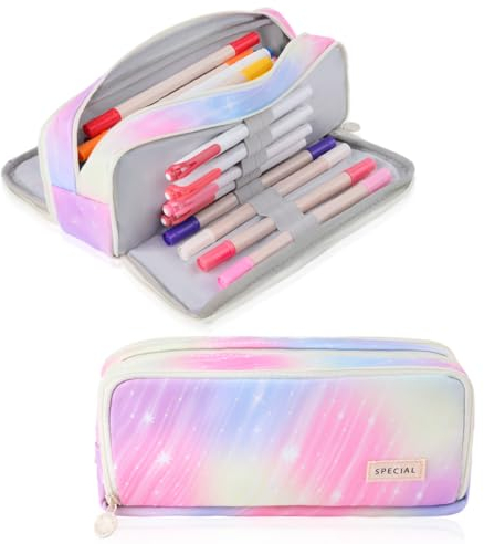 iSuperb Großes Federmäppchen mit 3 Fächern, großes Fassungsvermögen, Oxford-Schreibwaren, Aufbewahrung, Stifttasche, Kosmetik, Make-up-Tasche für Damen (Dream Pink)