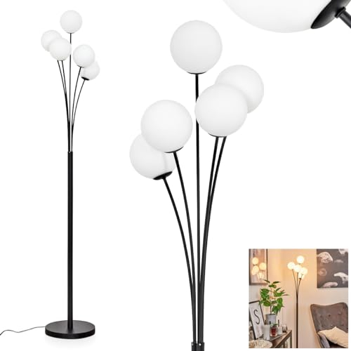 Bernado Lampadaire à intensité variable en métal/verre noir/verre dépoli, lampadaire avec boules en verre (Ø 12 cm), hauteur 174,5 cm, intensité variable en continu via interrupteur à pied, 5 ampoules