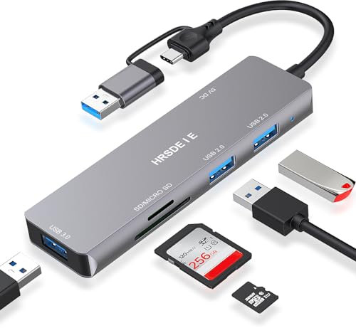 USB C Hub, HRSDEIE 6 in 1 USB-C Multiport Adapter with 5Gbps Data Transfer, SD/TF Card Slot, 5V/2.4A Power Supply Multiple Port Extension Hub for Laptop, MacBook, iMac, iPad Pro, Galaxy S22 and More