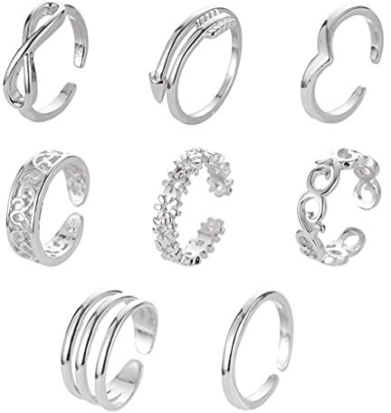 Juego de 8 anillos ajustables para el dedo del pie para mujer, diseño de flor para banda, anillo de cola abierta, joyería para pies de playa, anillos ajustables de acero inoxidable