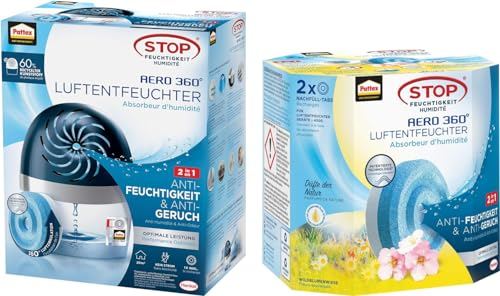 Bundle aus Pattex Luftentfeuchter Aero 360° Gerät & Nachfüll-Tab, Frischer Wasserfall, 450g und Pattex Luftentfeuchter Aero 360° Nachfüll-Tabs, Wildblumenwiese, 2 x 450g