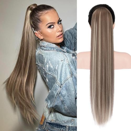 REECHO Pferdeschwanzverlängerung, 28 lange gerade Kordelzug Pony Haarverlängerung Synthetischer Pferdeschwanz Haarteil für Frauen - Aschbraun mit Highlights