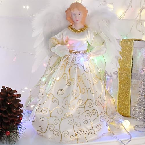 32cm Weihnachtsbaum Engel, Stoff Christbaumspitze Engel Weihnachtsbaum Spitze Engel Weihnachtsengel Baumspitze mit Lichtern, Batterie Nicht Enthalten (04)