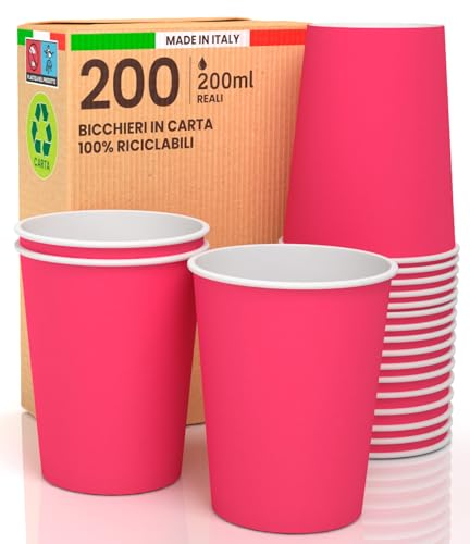 200 Bicchieri in Carta 200ml Ecologici Biodegradabili Monouso Made in Italy Asporto Bevande Calde Acqua Colorati FUCSIA - Prodotto e Confezionato in Italia