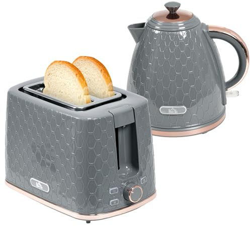 HOMCOM Kettle and Toaster Set, 1.7L 3000W Fast Boil Jug Kettle with Auto Shut Off, 2 Slice Toaster with 7 Level Browning Controls & Crumb Tray, Grey