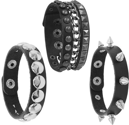 SLEEKEE Juego de 3 pulseras de cuero negro punk con remaches de metal ajustables para hombres y mujeres, perfecto para conciertos, fiestas, Halloween, bailes, Navidad, Cuero