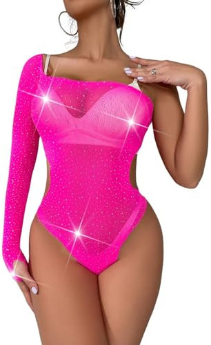 NLAND Body da Donna Lingerie Trasparente Bodysuit A Rete Completo Intimo in Pizzo Una Spalla con Strass(Rosa)