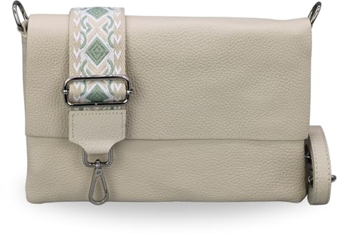 BRISE Umhängetasche Damen Echtes Leder ELISA Handgemachte Handtasche Kleine Schlanke Tasche 3 Fächer Crossbody Bag mit Ledergurt + Optionalen Breiten Gemusterten Riemen Made in Italy (Beige-2)