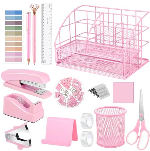Lot de 16 organiseurs de bureau roses et accessoires, fournitures de bureau roses pour femmes avec agrafeuse et distributeur de ruban adhésif, porte-stylo, agrafes, règle, ciseaux, languette, pinces à