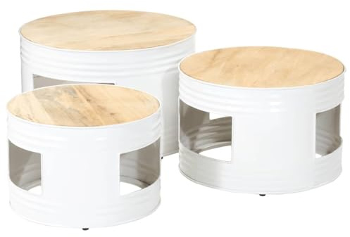 vidaXL Beistelltische 3 STK., Beistelltisch mit Fass-Design, Satztisch für Schlafzimmer Wohnzimmer, Couchtisch Sofatisch, Industrieller Stil, Raues Massivholz Mango