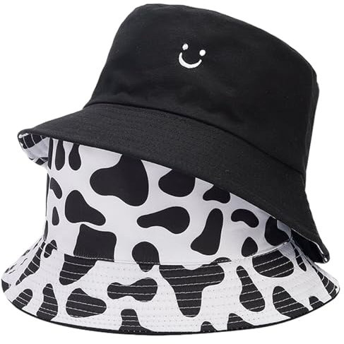 Reversibel Fischerhüte Damen Anglerhut Herren Sonnenhut Fischerhut Sommerhut Cotton U Smiley Gesicht und Kuh Druck Reversible Bucket Hat für Männer Frauen (DE/NL/SE/PL, Alphanumerisch, M, L, Schwarz)