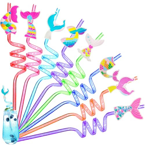 YOUYIKE 8 Pcs pailles enfants reutilisables, Sirène Straws Spirale, pailles réutilisables, Pailles en Sirène pour les Enfants, pour fête d'anniversaire d'enfants, Décoration de Table Fête