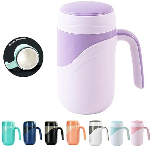 Klaraber Ceramic Travel Mug 12oz, 350ml Ceramic Liner Insulated Mug with Leak Proof Lid and Handle, Perfect for Coffee or Tea, Suitable for Using at Home, Office or School(White Purple)