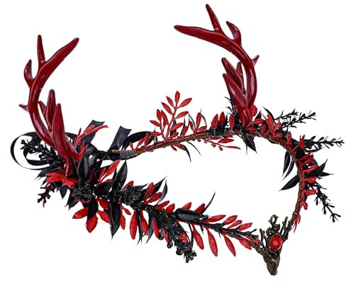 MOSTORY Gotische Elfengeweihkrone – Schwarzes Stirnband mit Hirschhörnern, rotes Feenkopfstück, dunkler Elfenreif für Renaissance-Messe-Kostüm, Damen, Gothic-Hochzeit, Halloween, Cosplay